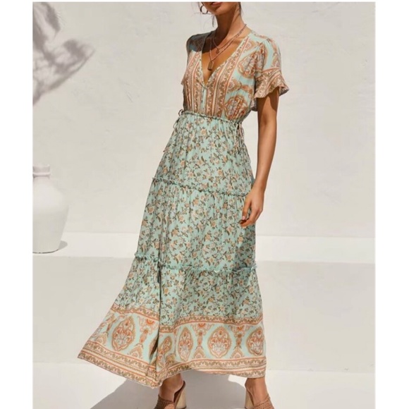 Boho Gypsy Floral Print Long Sleeve High Waist Maxi Dress